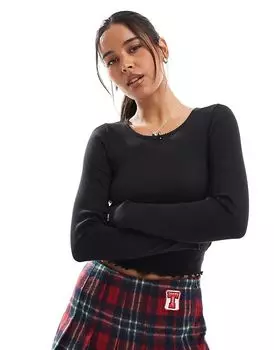 Узкая футболка с длинными рукавами и фестончатой отделкой черного цвета Tommy Jeans