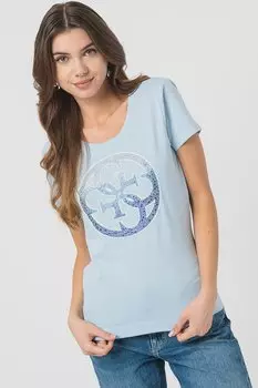 Узкая футболка с логотипом из декоративного камня Guess, синий