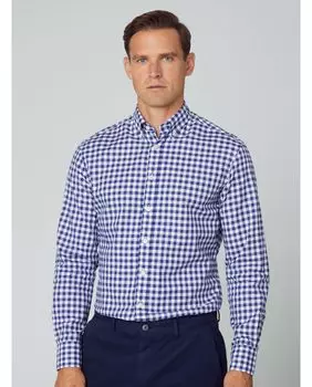 Узкая мужская рубашка с принтом в клетку темно-синего цвета Hackett, темно-синий