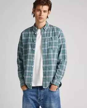 Узкая мужская рубашка с зеленым клетчатым принтом Pepe Jeans, темно-зеленый