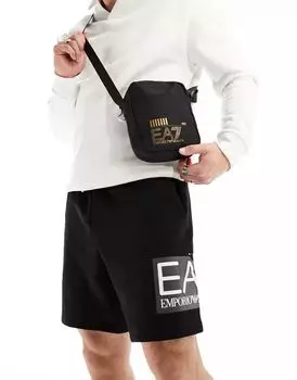 Узкая репортерская сумка Armani EA7 черного/золотого цвета с логотипом бренда