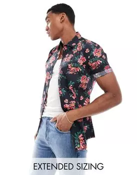 Узкая рубашка стрейч с цветочным принтом черного цвета ASOS DESIGN