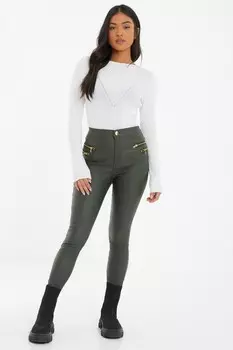 Узкие брюки цвета хаки из искусственной кожи на молнии QUIZ Clothing