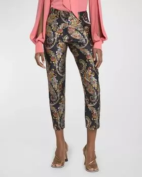 Узкие брюки из парчи с цветочным принтом до щиколотки Etro, цвет Multicolour On Blue