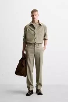 Узкие брюки ZARA, бежевый/зеленый