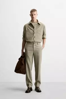 Узкие брюки ZARA, бежевый/зеленый