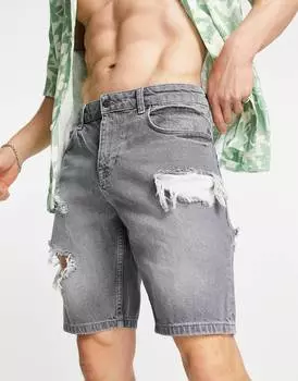 Узкие джинсовые шорты серого цвета с крупными прорехами ASOS DESIGN