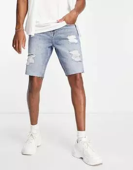 Узкие джинсовые шорты синего цвета с крупными прорехами ASOS DESIGN