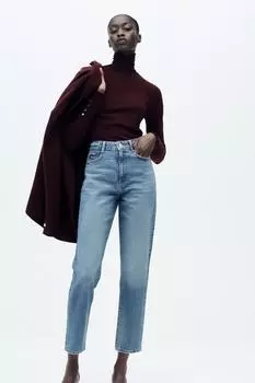 Узкие джинсы mom leg z1975 с высокой талией ZARA, синий