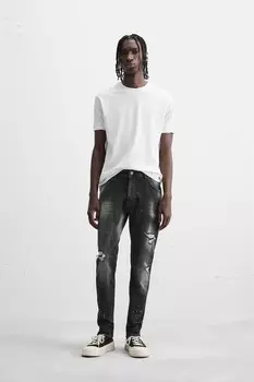 Узкие джинсы с рваными красками ZARA, черный
