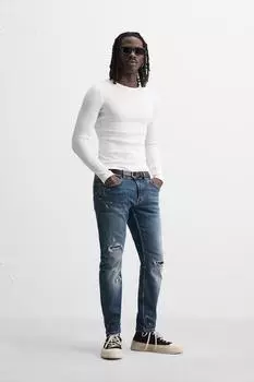 Узкие джинсы с рваными красками ZARA, синий