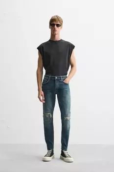 Узкие джинсы с рваными узкими кроем ZARA, средне-синий