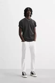 Узкие джинсы с рваными узкими кроем ZARA, белый