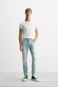 Узкие джинсы с рваными узкими кроем ZARA, светло-голубой