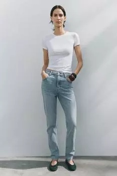 Узкие джинсы с высокой талией ZARA, светло-синий