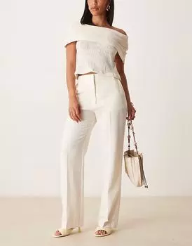 Узкие прямые брюки из льна ASOS DESIGN кремового цвета