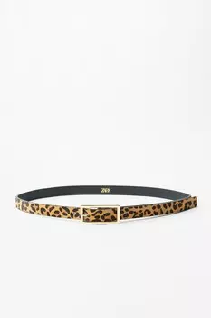 Узкий кожаный ремень с животным принтом ZARA, цвет leopard