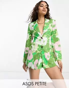 Узкий пиджак ASOS DESIGN Petite из смесовой льняной ткани, завязывающийся сзади, с цветочным узором в стиле ретро