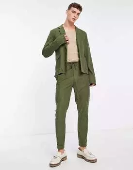 Узкий пригородный пиджак цвета хаки из искусственной замши ASOS