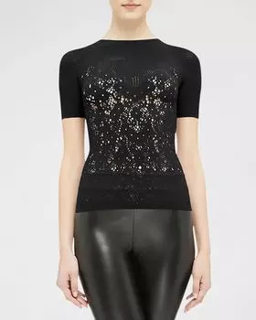 Узкий топ с короткими рукавами из цветочного кружева Wolford, цвет Black