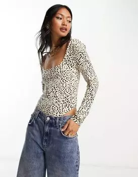 Узкое боди с длинными рукавами и мини-леопардовым принтом ASOS
