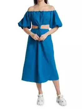 Узловатое платье-миди из смесовой льняной ткани с вырезами Farm Rio Blue