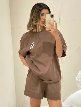 Узор с буквами, широкий крой, топ и шорты, одежда для дома, комплект Dazy, кофейно-коричневый