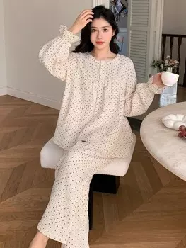 Узор в горошек, длинные рукава и длинные брюки, пижамный Комплект Dazy, абрикосовый