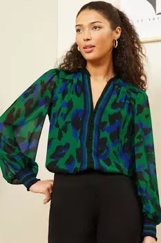 Узорчатая блузка с V-образным вырезом и рукавами-буфами Love & Roses, зеленый