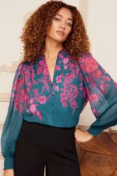 Узорчатая блузка с V-образным вырезом и рукавами-буфами Love & Roses, бирюзовый