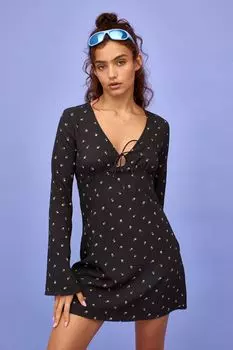 Узорчатое платье с галстуком H&M, черный/маленькие цветы