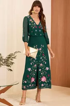 V&A | платье миди «добби» с вышитым гребешком Love & Roses, зеленый