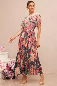 V&A | Платье миди с принтом, рукавами тюльпанами, поясом и складками Love & Roses, розовый