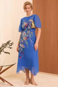 V&A | Платье миди с расклешенным принтом и рукавами крылышками Love & Roses, синий