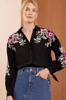 V&A | вышитая льняная пуговица на рубашке Love & Roses, черный