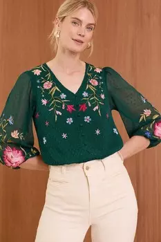 V&A | вышитый топ из ткани добби с v образным вырезом и рукавами 3/4 Love & Roses, зеленый