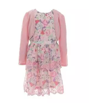 В. Комплект из шифонового платья с длинными рукавами и расклешенным принтом без рукавов для девочек 4–6 лет, с цветочным принтом и каймой I.N. Girl, розовый