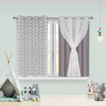 В комплекте 2 комнатные шторы 132 х 160 см, детская штора с помпоном, шторы на люверсах, белый тюль, двухслойные шторы, шторы для детской комнаты, шторы на окно, фиолетово-синие. BTTO, светло-серый