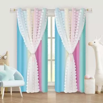 В комплекте 2 комнатные шторы 132 х 243 см, детская штора с помпоном, шторы на люверсах, белый тюль, двухслойные шторы, комнатные шторы, оконные шторы, розовые. BTTO