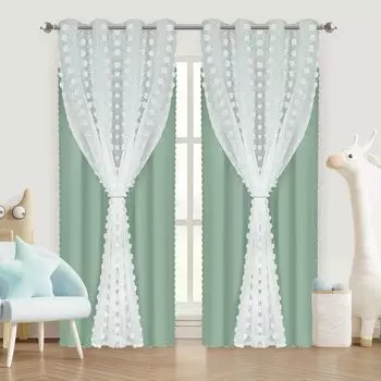 В комплекте 2 шторы (+ подхваты) прозрачные петли Noella, размер: 140 х 175см (зеленые) BTTO, зеленый