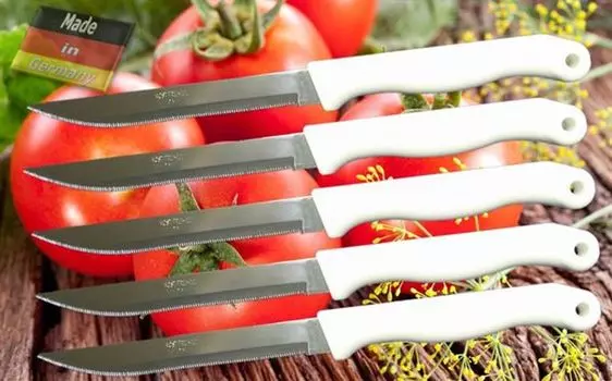 В наборе 5 ножей для колбасы и томатов 14/2, длина 25 см, лезвие из хромированной нержавеющей стали G+K Kunststofftechnik