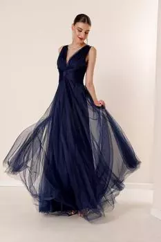 V-образный вырез, глубокий вырез сзади, драпировка спереди, длинное платье из тюля на подкладке, темно-синее By Sayg, темно-синий