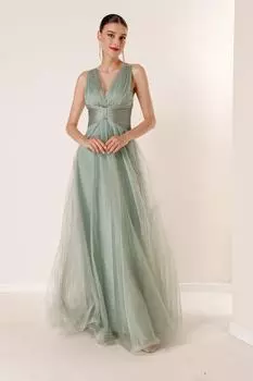 V-образный вырез, глубокий вырез сзади, драпировка спереди, длинное платье из тюля на подкладке мятного цвета By Sayg, бирюзовый