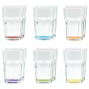 В упаковке 12 прозрачных стаканов для питья, коктейлей, воды, кайпиринья с цветными основаниями / емкость 300 мл, разноцветные (6 цветов) Sonstige, мультиколор