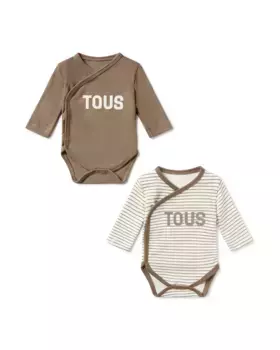 В упаковке 2 детских боди из однотонного хлопка и в полоску Tous, бежевый