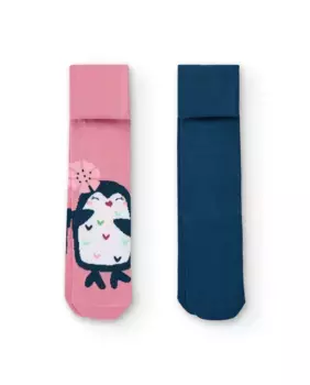 В упаковке 2 колготки для девочки розового цвета с изображением пингвина и однотонного синего цвета Tuc tuc