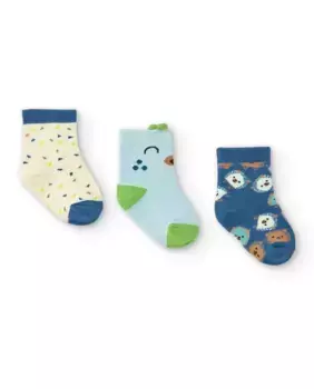 В упаковке 3 пары детских носков синего и бежевого цвета с забавным принтом Tuc tuc, мультиколор