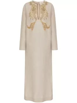 Valentino Garavani льняное платье макси с вышивкой, нейтральный цвет