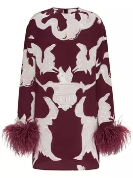 Valentino Garavani платье миди с перьями и узором, красный