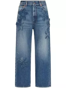 Valentino Garavani прямые брюки с цветочной аппликацией, синий
